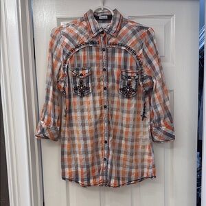Orange and Gray Plaid Button-Up Shirt